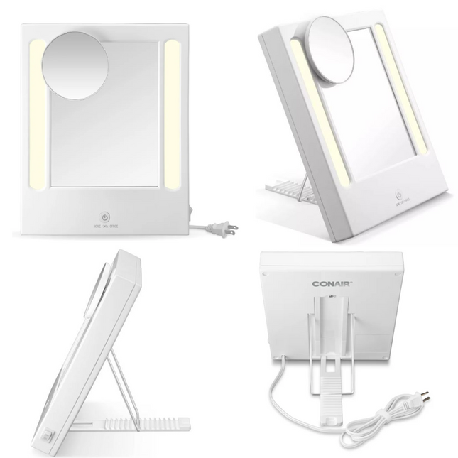 Conair Espejo De Maquillaje Iluminado Con Aumento De Punto 5X, Espejo De Tocador Led, Espejo De Aumento 1X/5X, Espejo De Mesa, Con Cable En Blanco Brillante